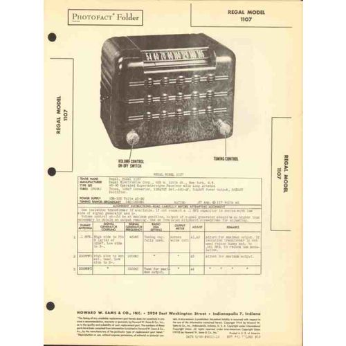 REGAL model 1107 4 tube AM radio receiver Sams Photofact manual