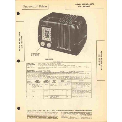 ARVIN models 547 547A 5 tube AM radio Sams Photofact Manual