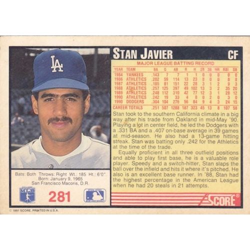 Stan Javier #281 - Dodgers 1991 Score Baseball Trading Card
