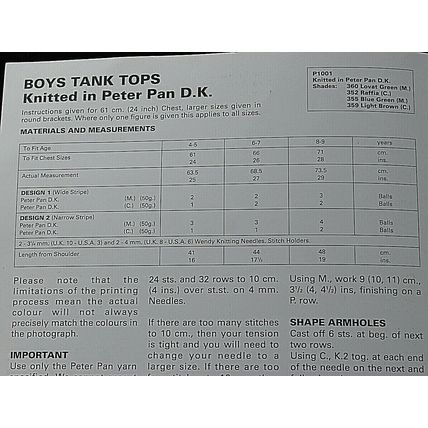 Peter Pan DK Knitting Pattern for Boy's Tank Tops P1001