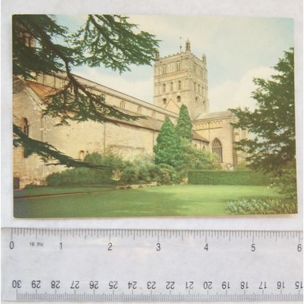 old postcard Tewkesbury Abbey from Abbey House Lawn