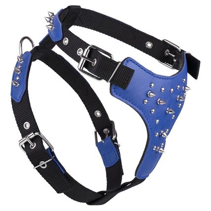 Dog Pet Leather/Nylon Harness With Spikes W 1" G 22"-26" - Royal Blue