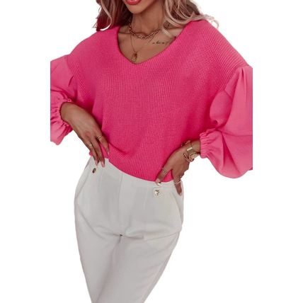 Rose Waffle Knit Balloon Sleeve Splicing V Neck Top