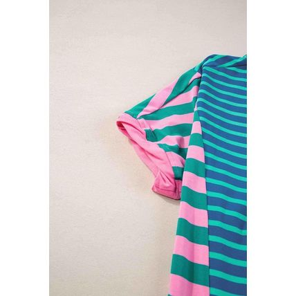 Blue Stripe Colorblock Patchwork Baggy T Shirt