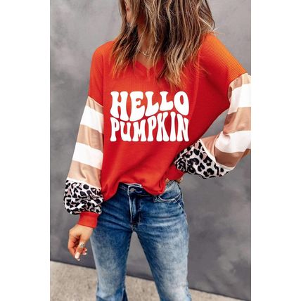 Red Hello Pumpkin Graphic Leopard Striped Colorblock Sleeve V Neck Top