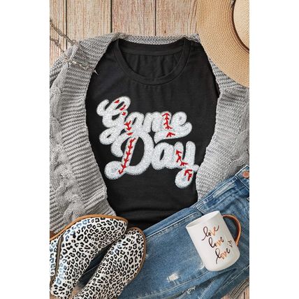 Black Sequin Game Day Graphic Crew Neck Tee