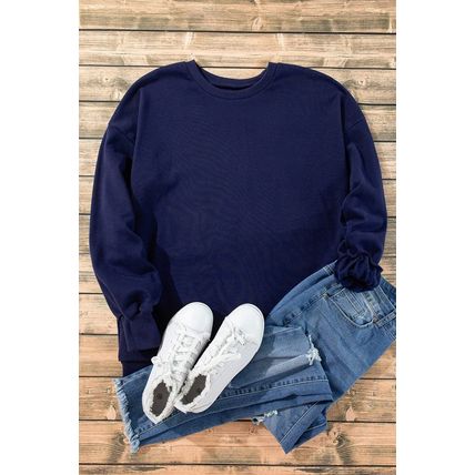 Navy Blue Solid Fleece Lined Drop Shoulder High Low Sweatshirt