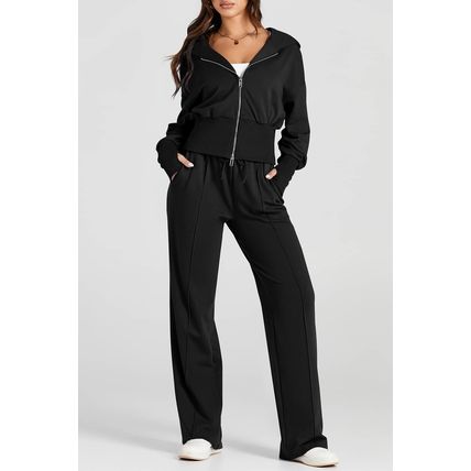 Black Double Zipper Hooded Jacket and Sweatpants Active Set