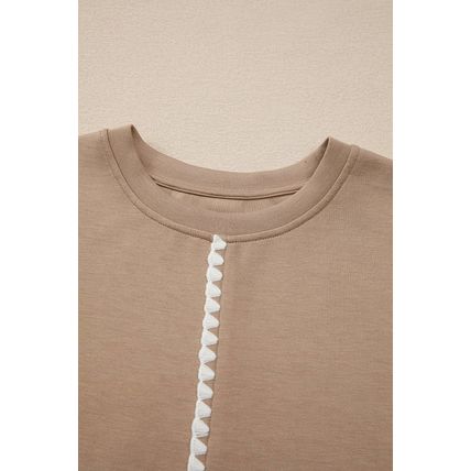 Straw Yellow Ric Rac Color Contrast Ribbed Edge Crewneck T Shirt