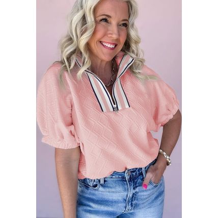 Light Pink Contrast Striped Collar Patchwork Textured Half Sleeve Blouse