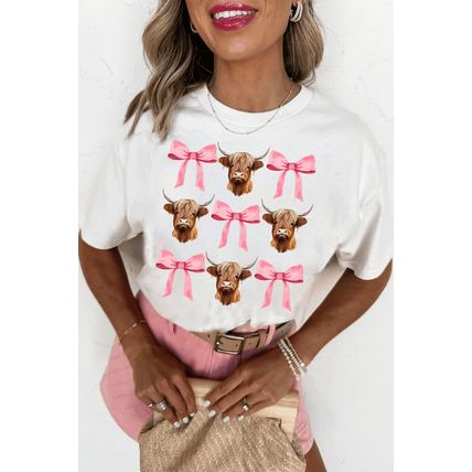 White Coquette Highland Cow Png Bows Graphic Tee