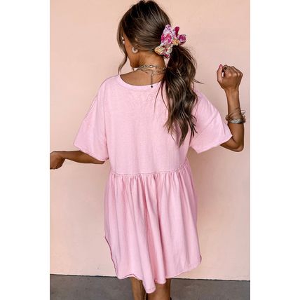 Light Pink Sequined Note Pattern Raw Edge Music Festival Babydoll T-shirt Dress