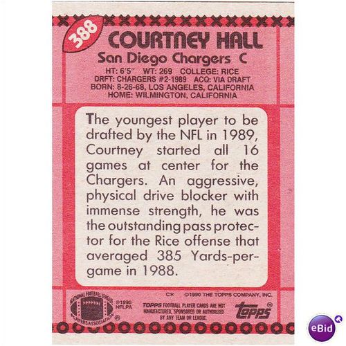 1990 Topps Card No 388 Courtney Hall San Diego Chargers