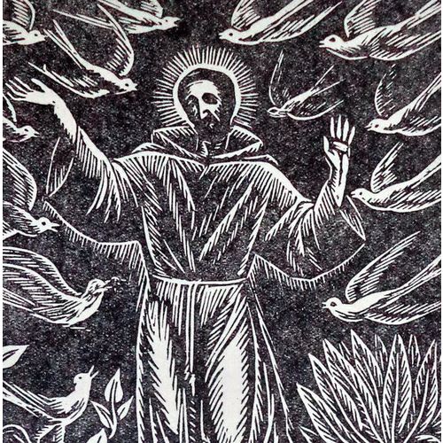 Vintage Woodcut Medieval Art Jesus with Doves Christianity Print Engraving 1950s