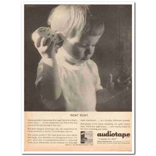 AUDIO DEVICES INC 1961 Tick clock Audiotape recording tape vintage ad