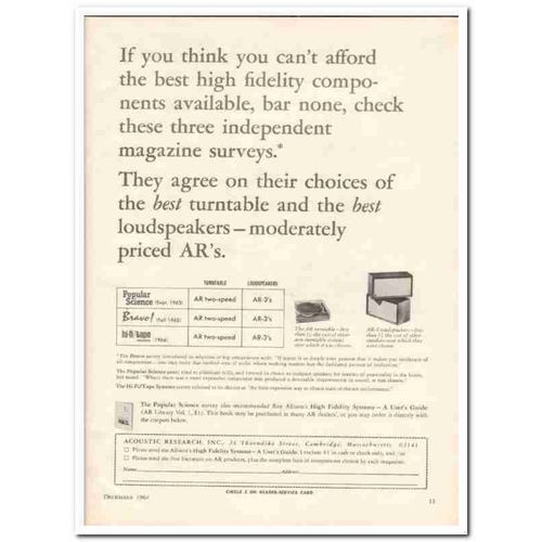 ACOUSTIC RESEARCH INC 1964 Survey Best turntable speakers vintage ad