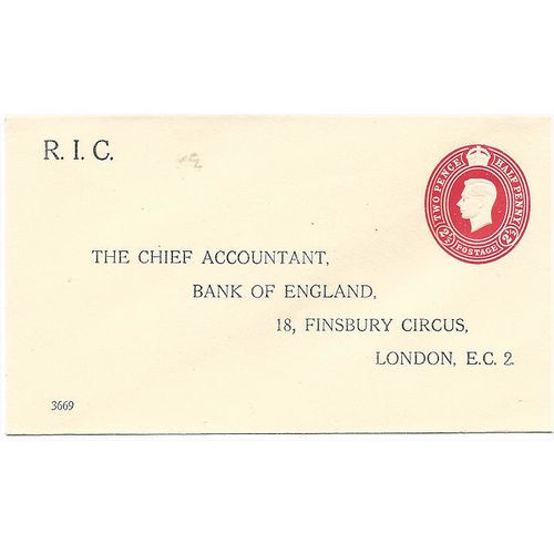 George VI Prepaid MINT envelope 2 1/2d to The Chief Accountant, Bank of England
