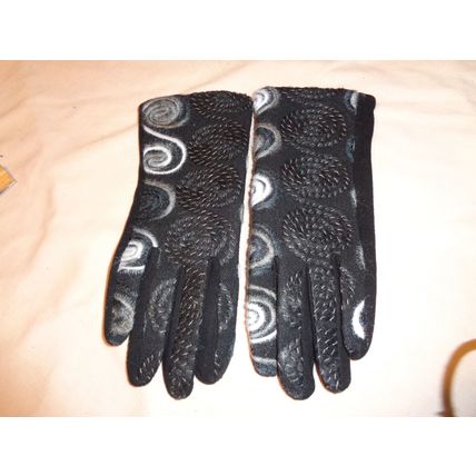 Womens Gloves Black Wool Blend Texture Pattern Artistic EUC