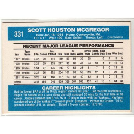 1982 Donruss baseball card 331 Scott McGregor