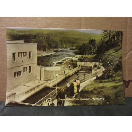 DAM & FISH LADDER, PITLOCHRY POWER STATION , SCOTLAND. used postcard 1961 pm =