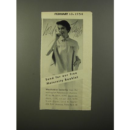 1954 Lord & Taylor Maternity Fashion Ad - Send for our free Maternity Booklet
