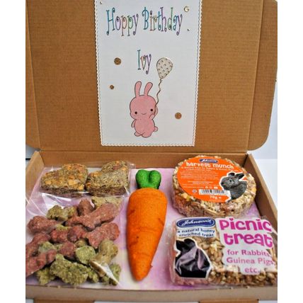 HOPPY BIRTHDAY RABBIT GIRL BUNNY BIRTHDAY GIFT BOX WITH PERSONALISED LABELS