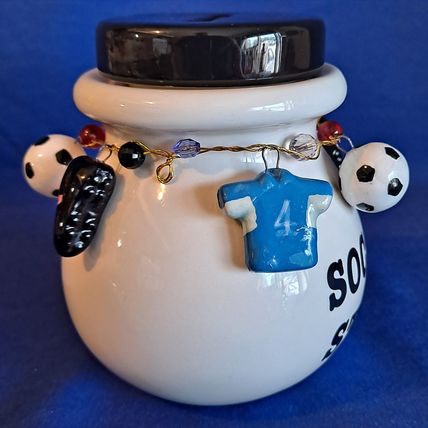 White Ceramic SOCCER STASH BANK Ball Savings Pot MONEY Jar CHARMS