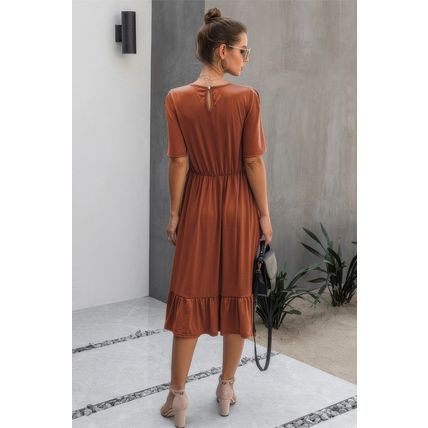 Women's Round Neck Lace Detail Ruffle Hem Midi Dress