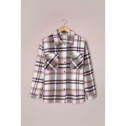 Pink Geometric Plaid Print Pocketed Shirt