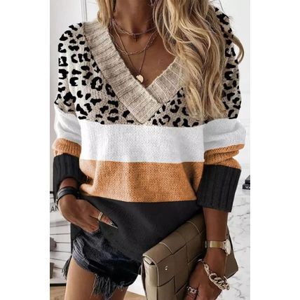 Khaki Leopard Color Block Long Sleeve Sweater