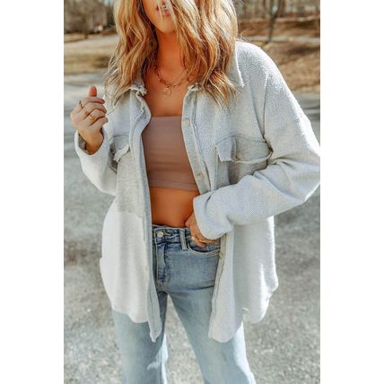 Gray Contrast Flap Pockets Relaxed Shacket