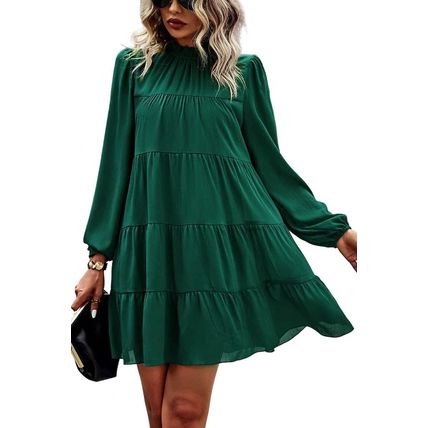 Green Puff Sleeve Mock Neck Back Knot Tiered Dress