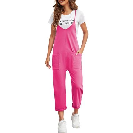 Rose Red Black Pocketed Adjustable Spaghetti Strap Straight Leg Jumpsuit