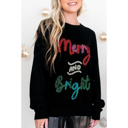 Black Tinsel Merry and Bright Graphic Christmas Sweater