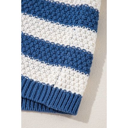 Blue Stripe V Neck Pocketed Drawstring Hooded Sweater