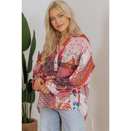 Red Boho Geometric Mixed Print Patchwork Bubble Sleeve Shirt