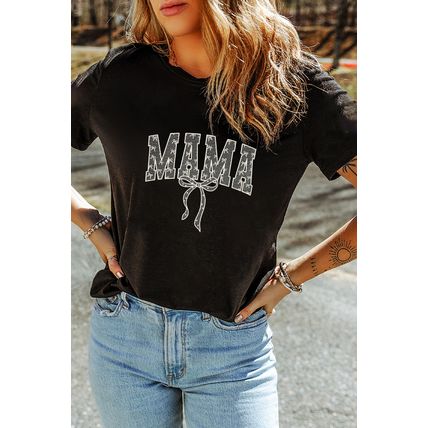 Black Bowknot MAMA Embroidered Crewneck Mothers Day T Shirt