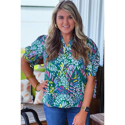 Green Abstract Print Knotted Short Sleeve Plus Size Blouse