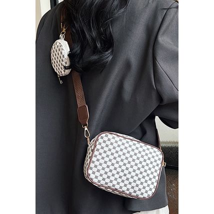 White Checkered Print PU Leather Shoulder Bag with Coin Wallet