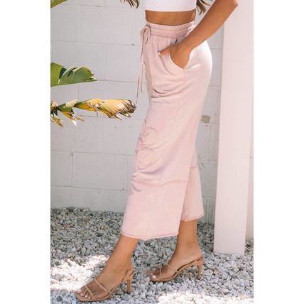 Pink Flower Patch Mineral Washed Terry Knit Cropped Wide Leg Pants