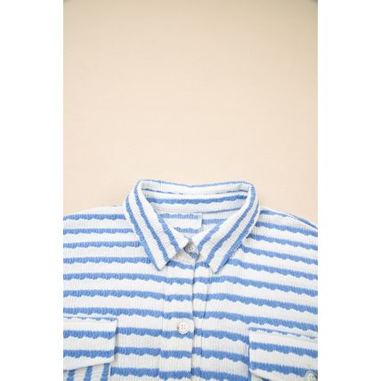 Sky Blue Stripe Half Button Collared Chest Pockets Loose Fit Blouse