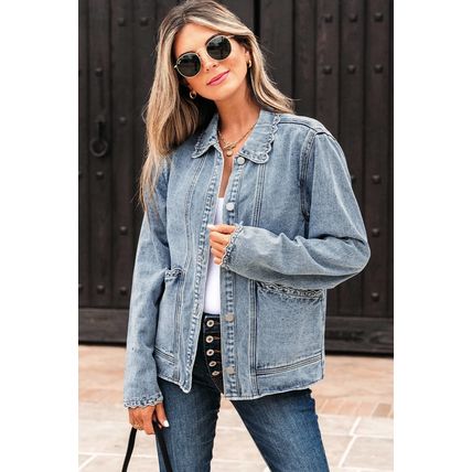 Myosotis Scallop Trim Collar Patched Pocket Button Up Denim Jacket