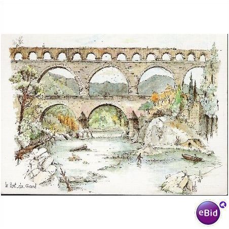 Pont du Gard Roman aqueduct France art card 1970s