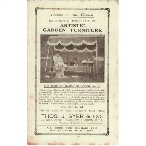 1920's Price List Thos J Syer Finsbury Garden Furniture Hammock Chair Table