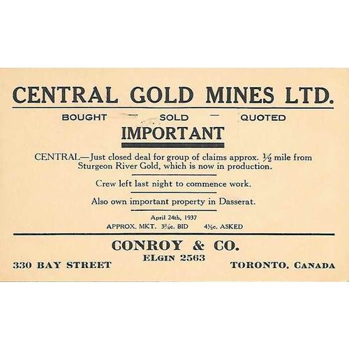 Canada Postal Card Precancelled Toronto ONT 1937 Central Gold Mines