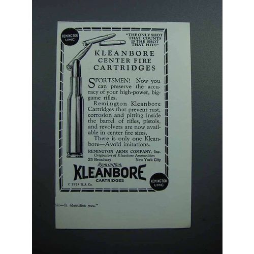 1928 Remington Kleanbore Center Fire Cartridges Ad