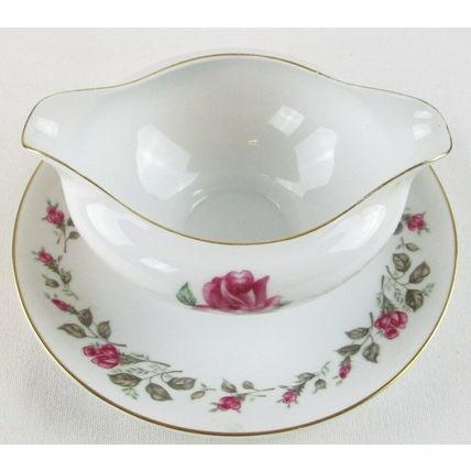 Diamond China Moss Rose Gravy Boat with Attached Underplate, Japan, Excellent!!