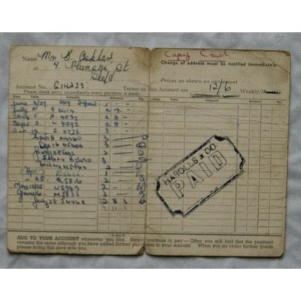 1957 payment card Haroll's & Co, Sheffield - Mrs. B. Askham