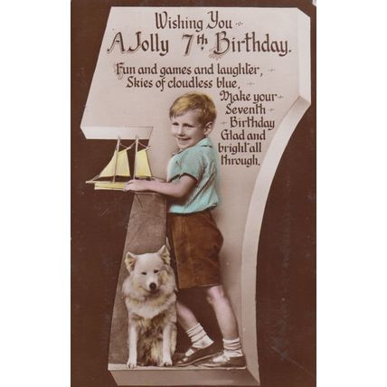 Boy with Toy Model Boat Dog Sea Cloudless Skies 7th Birthday Antique Postcard