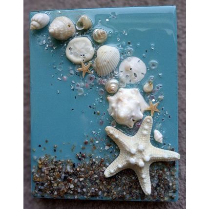New Handmade OOAK Seashell Resin Mosaic Wall Decor on Painted Blue Wood